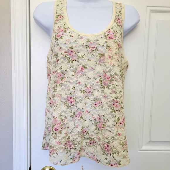 Forever 21 XXI Lace Racerback Tank Cream With Pink Floral Print Y2K Size Small - Picture 1 of 8